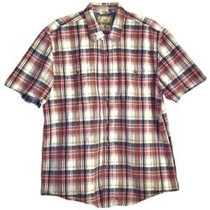 Outdoor Life Seersucker Plaid Short Sleeve Button Down in White/Red/Navy Men’s L
